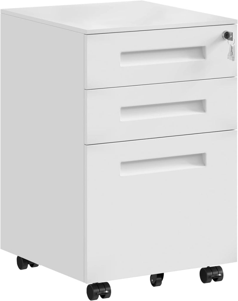 Cassettiera da Ufficio Scrivania Studio con Rotelle Mobiletto con 3 Cassetti e Serratura per Documenti Cartelle Sospese Cancelleria, Pre-Assemblato, metallo Bianco