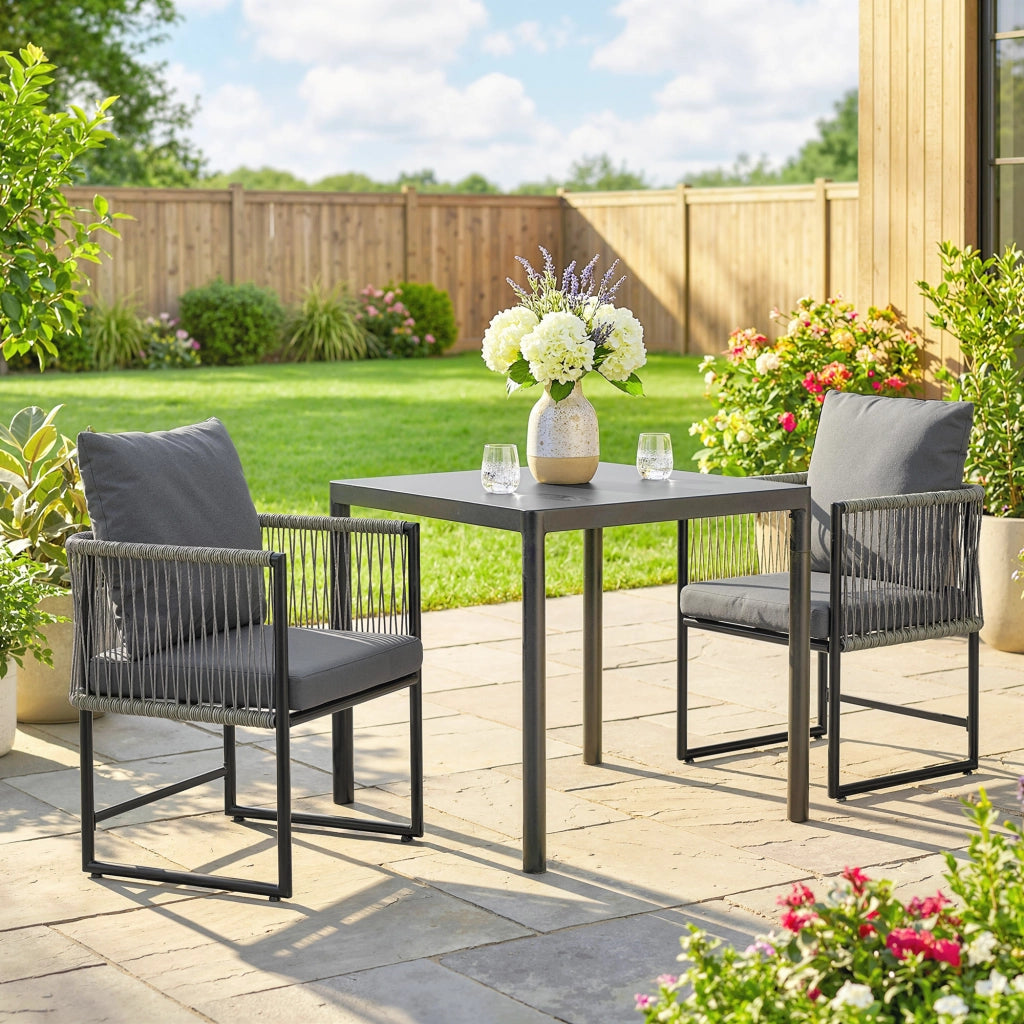 Set di 2 sedie da giardino in acciaio PE e rattan con cuscini; braccioli; 52x52x66 cm; Grigio scuro