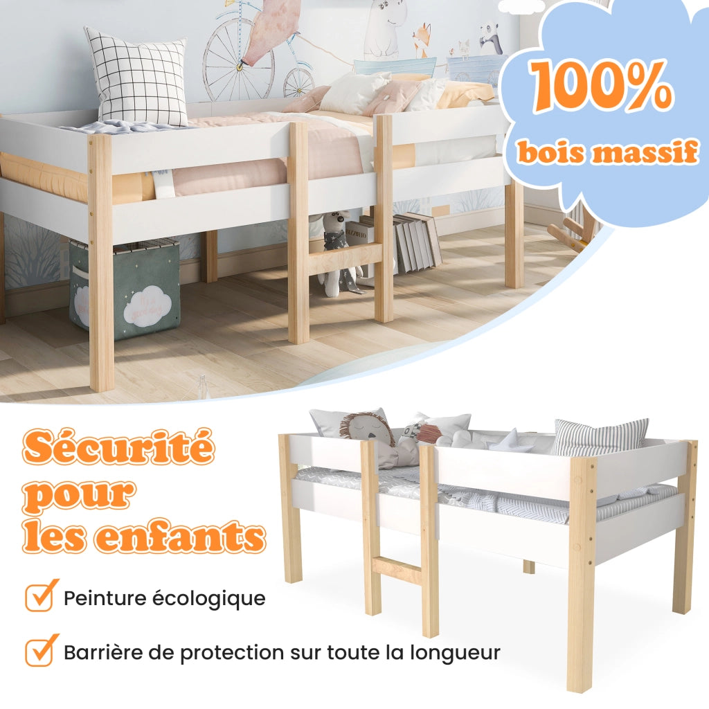 Letto a Soppalco 90 x 190 cm; Letto Singolo con Sponda di Sicurezza e Scala; senza Materasso; Legno Massello; Bianco