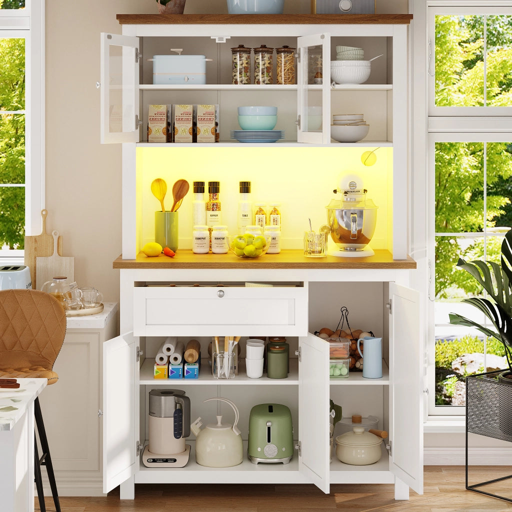 Credenza da cucina alta con ripiani regolabili e LED per sala da pranzo in MDF 104×40×180 cm Bianco