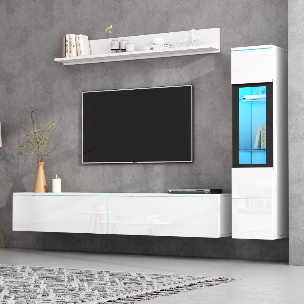 Set TV 3 pezzi con illuminazione LED - Zephmum - Bianco lucido