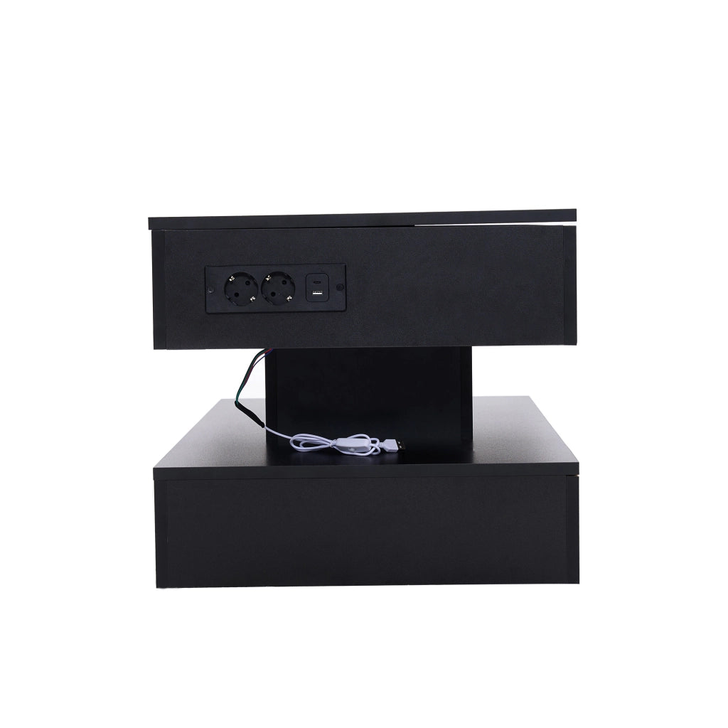 Tavolino da salotto sollevabile con LED; vano contenitore e prese EU; 100x50x42 cm; nero