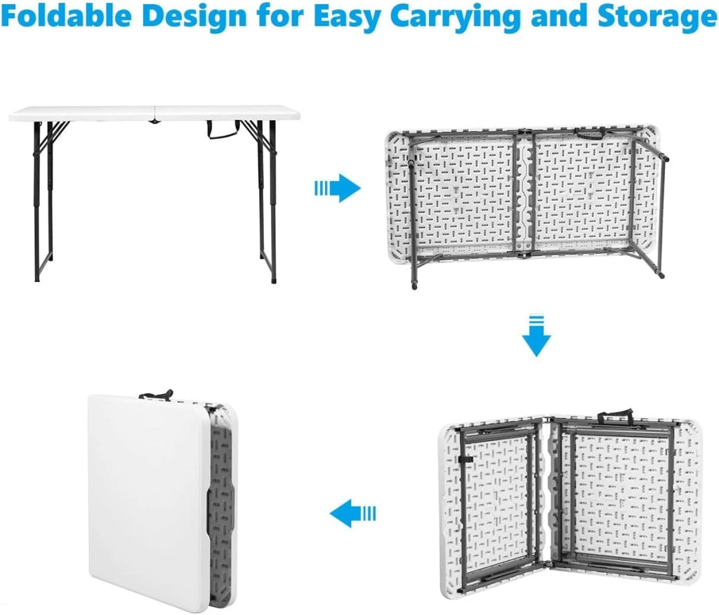 Tavolo da Campeggio Pieghevole, Tavolo da Giardino Portabile con Maniglia di Trasporto e Telaio in Acciaio, Regolabile in Altezza a 3 Posizioni, Portata di 150kg, 122x61x46/60/74cm, Bianco