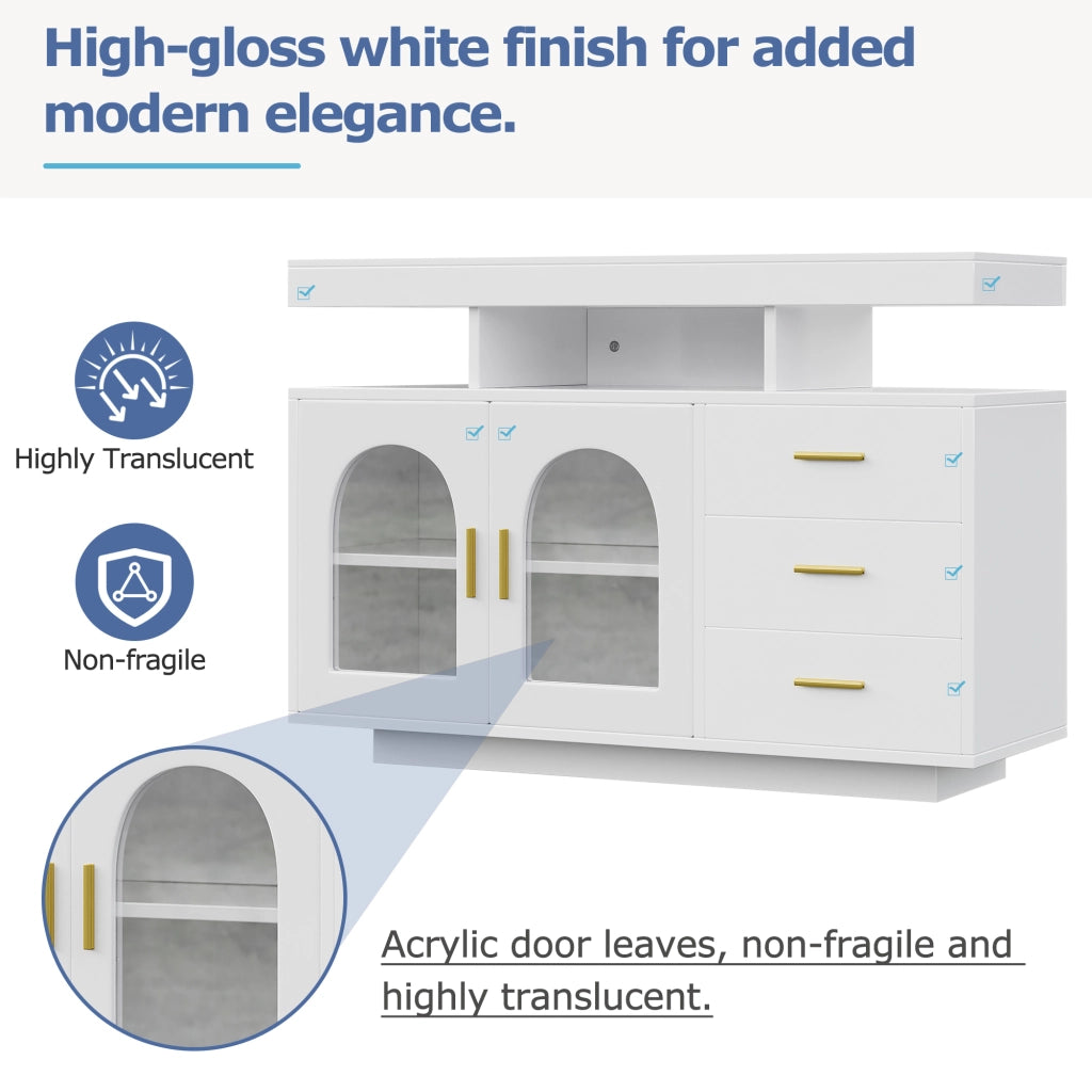 Credenza con 3 cassetti; vani aperti e LED RGB per soggiorno; 120 x 40 x 80 cm; bianco