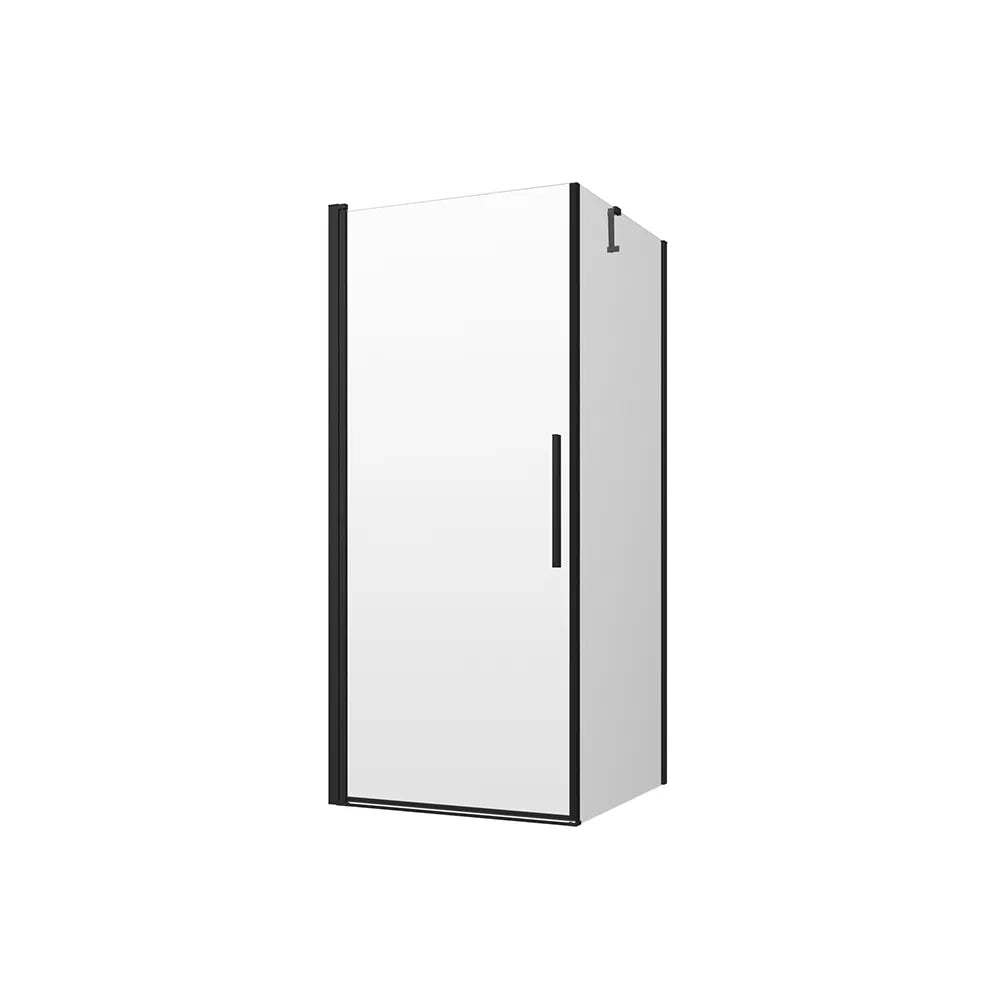 Box doccia 90x80cm con apertura a battente e parete fissa, profili nero opaco e vetro da 6mm trasparente h195 | Elba
