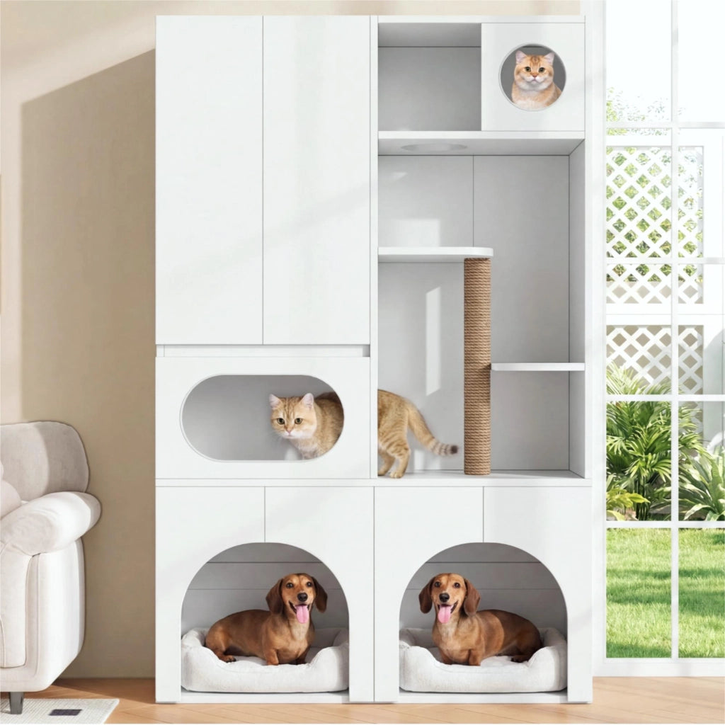 Mobile coperto per lettiera per gatti con tiragraffi e ripiani, per gatti e cani, in MDF, bianco, 140 × 45 × 195 cm