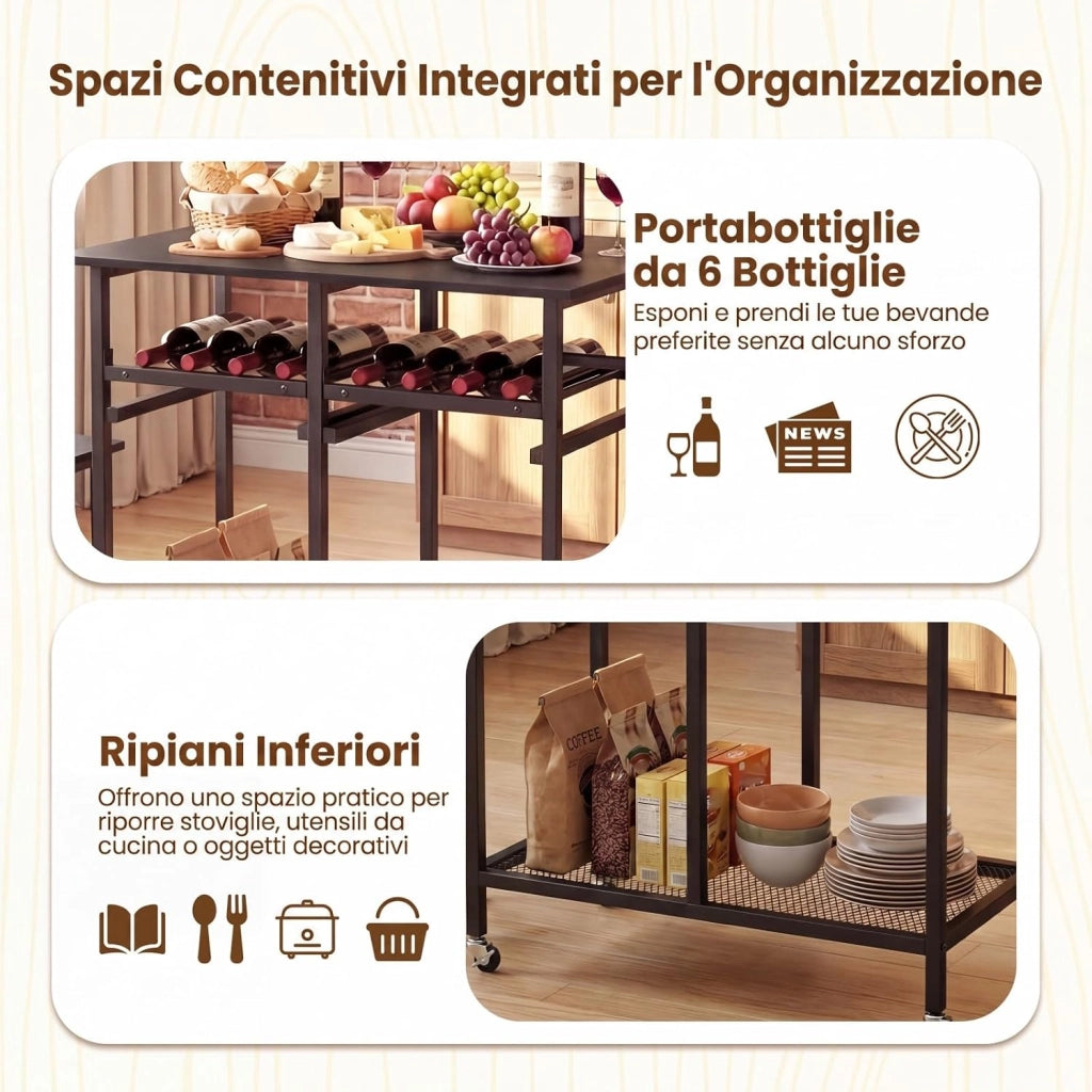 Set Tavolo da Pranzo Pieghevole 3 Pezzi, Tavolo Salvaspazio Estendibile con 2 Sgabelli con Ruote, Portabottiglie da 6 Posti, Ripiani e Maniglia Laterale per Cucina (Nero,Modello 2)