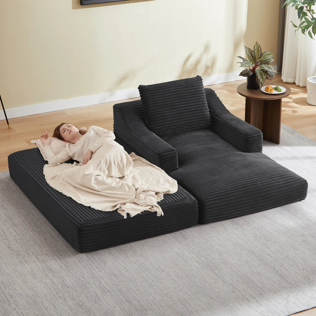 Poltrona lounge convertibile in letto con design a doppio strato in velluto a coste in schiuma grigio scuro