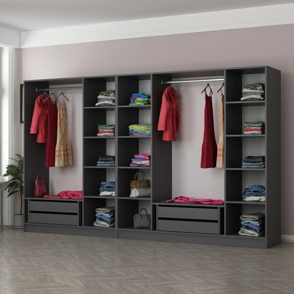 Armadio Camera da Letto Prunettos, Guardaroba Grande Appendiabiti, 315x210h cm Nero Antracite