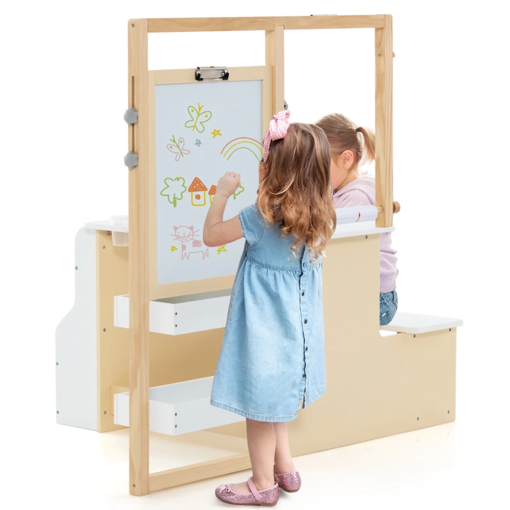 Set tavolo e panca per bambini con cavalletto regolabile a doppia faccia, Centro artistico in legno 114x81x100cm Bianco-Tavoli e sedie