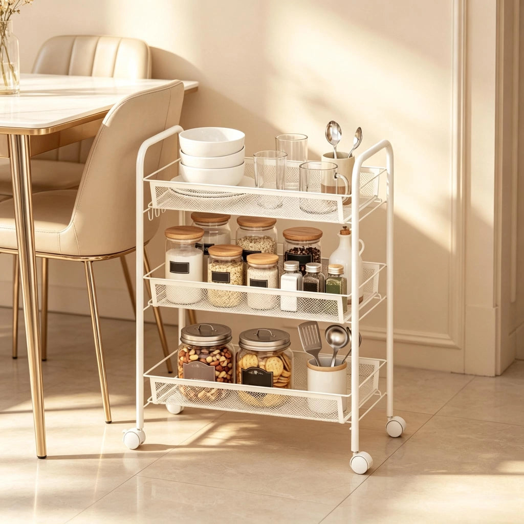 CARRELLO PORTAOGGETTI A 3 RIPIANI 45 x 26,5 x 63 cm IN ACCIAIO BIANCO