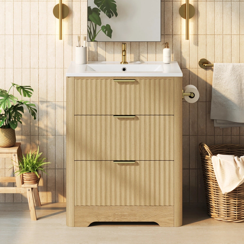 Mobile da bagno con lavabo in ceramica, cassetti portaoggetti, portarotolo, maniglie in metallo, senza rubinetto, color legno naturale