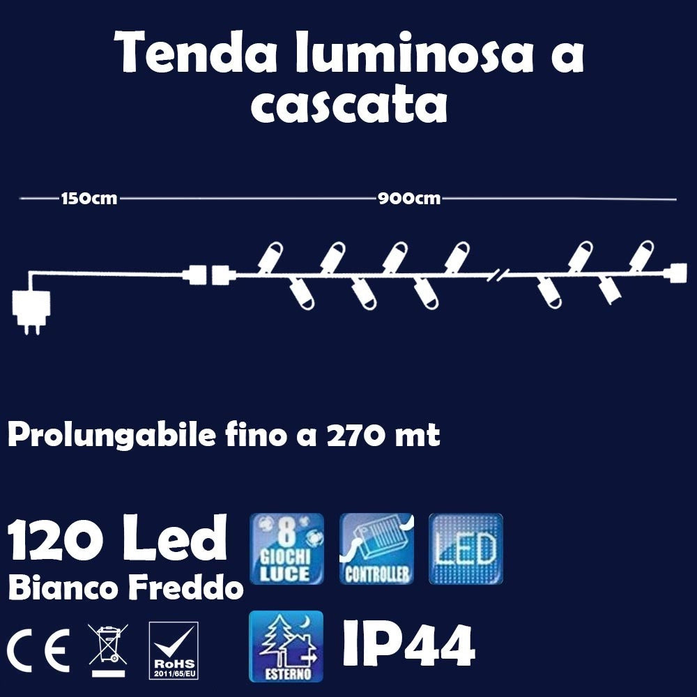 Trade Shop - Catena Luminosa Natalizia 100led Bianco Freddo Con Flash 9mt Esterno Prolungabil -