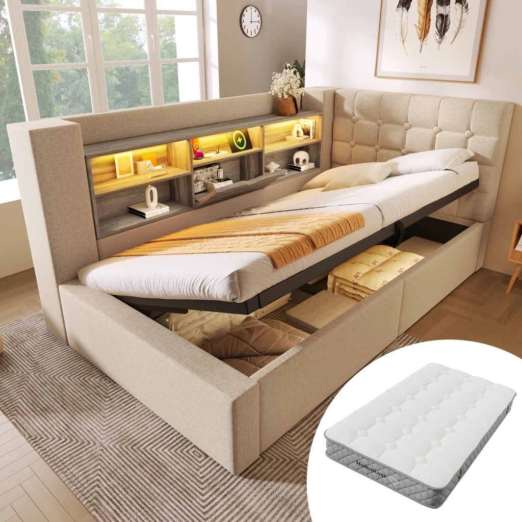 OKWISH Letto Singolo con Contenitore 90×200 cm, con LED Regolabile, USB e Tipo C, Testiera a L Reversibile, Materasso Incluso, Lino Beige
