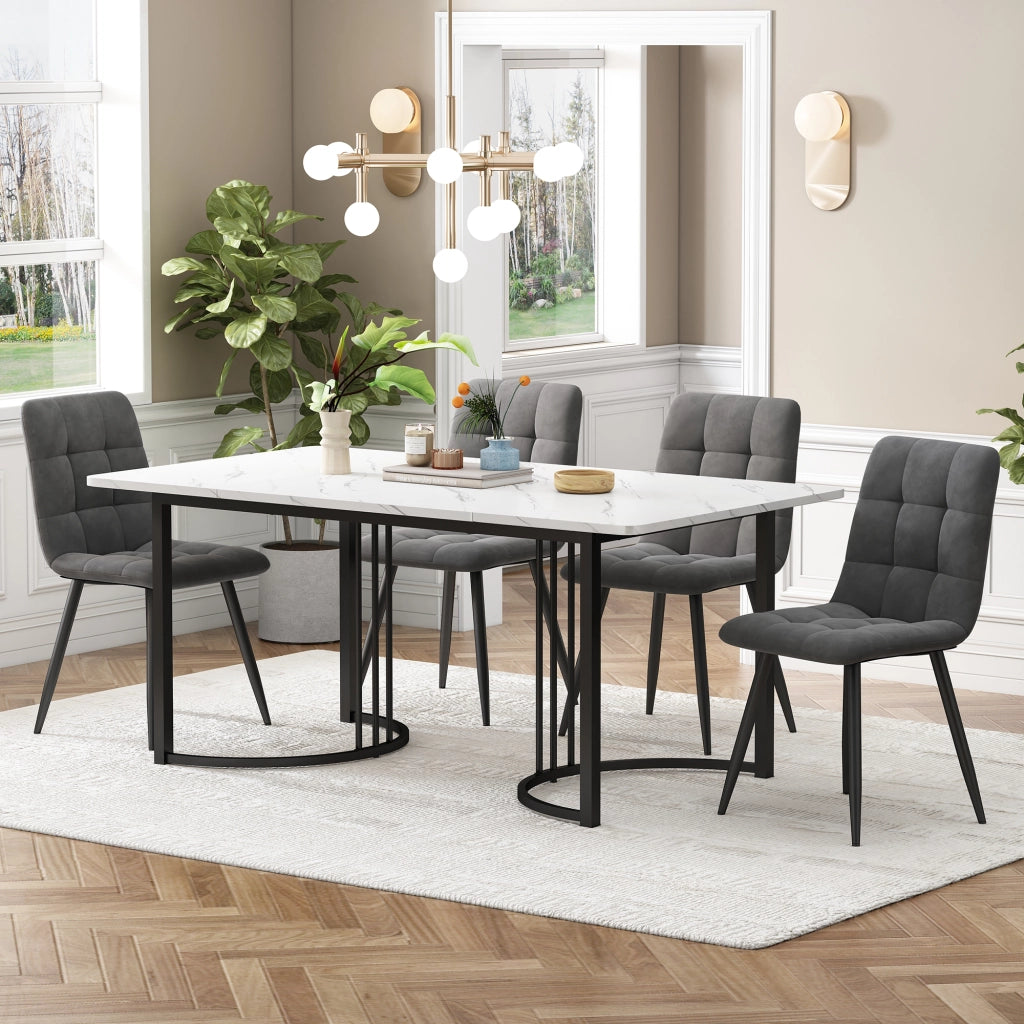 Tavolo da pranzo con 4 sedie, piano in MDF effetto marmo, struttura in metallo, per cucina e sala da pranzo, bianco, 140 × 80 cm