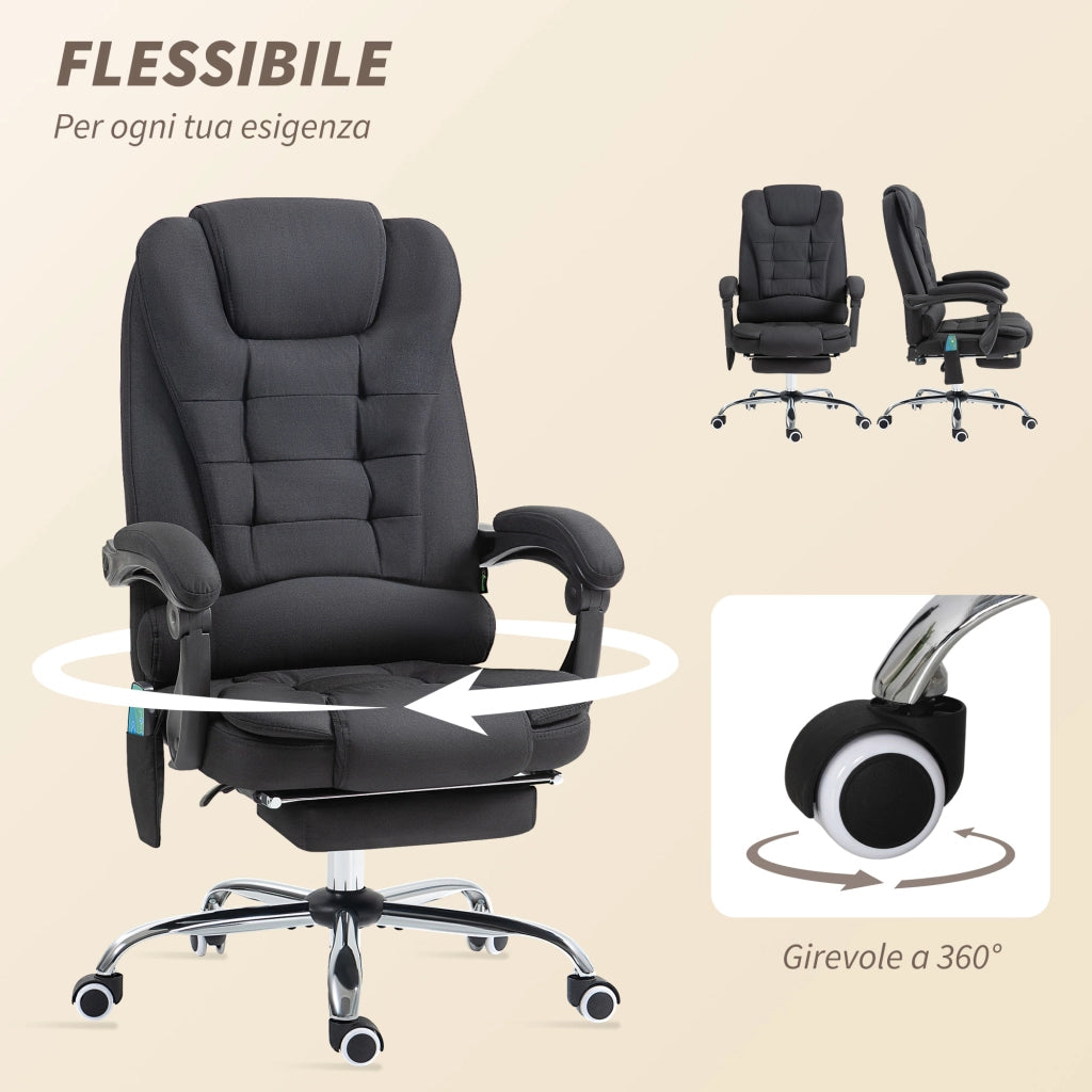 Poltrona da Ufficio 67x79x111-121 cm con Telecomando e 6 Punti di Massaggio in Tessuto Misto Velluto e Lino Grigio