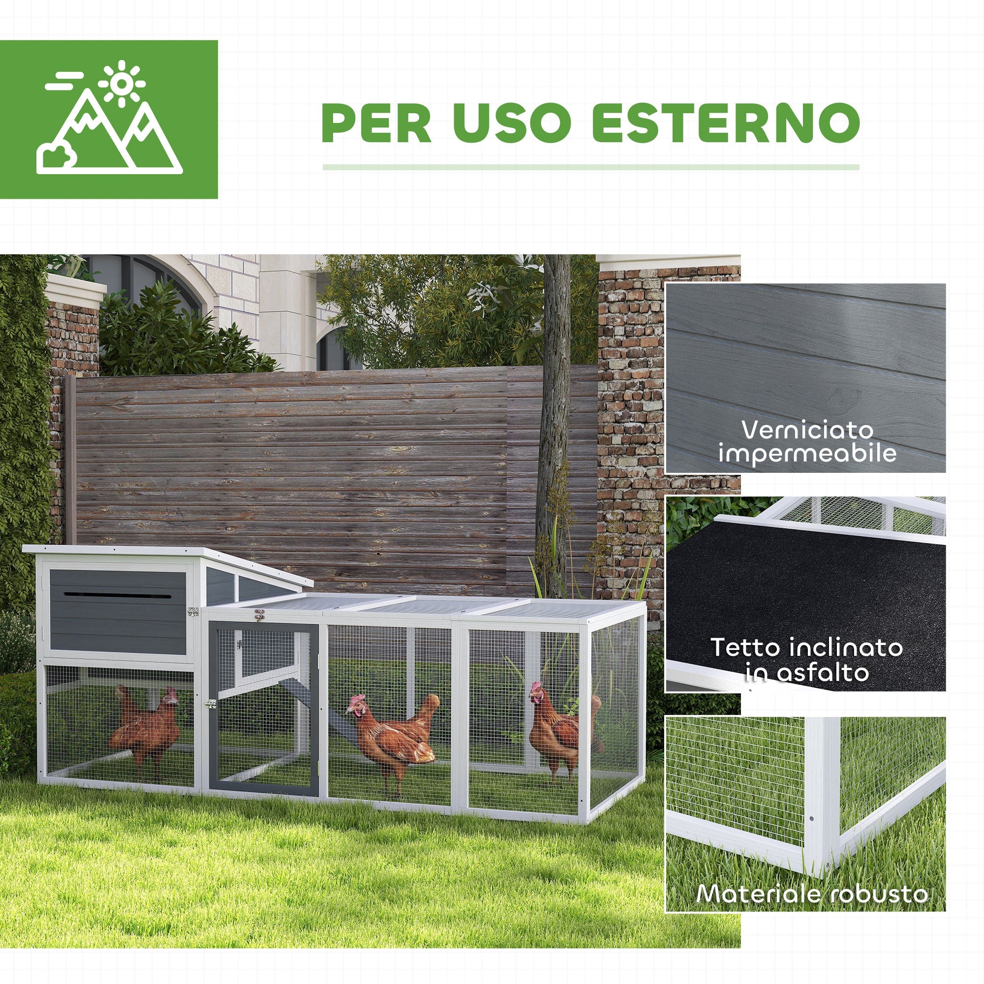 Pollaio da Giardino con Nido per Cova e Area Esterna 214x101x 91,5 cm Grigio