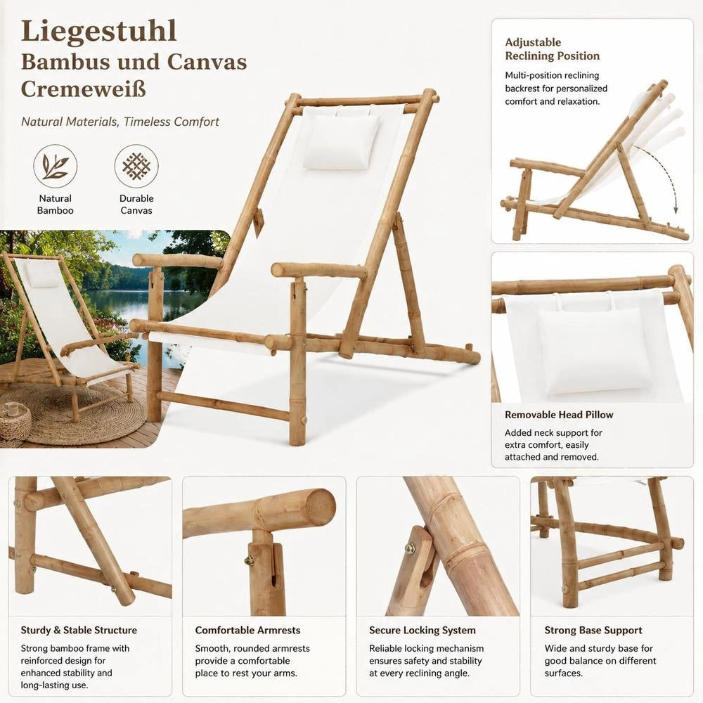 Bamboo And Cream-white Canvas Deck Chair