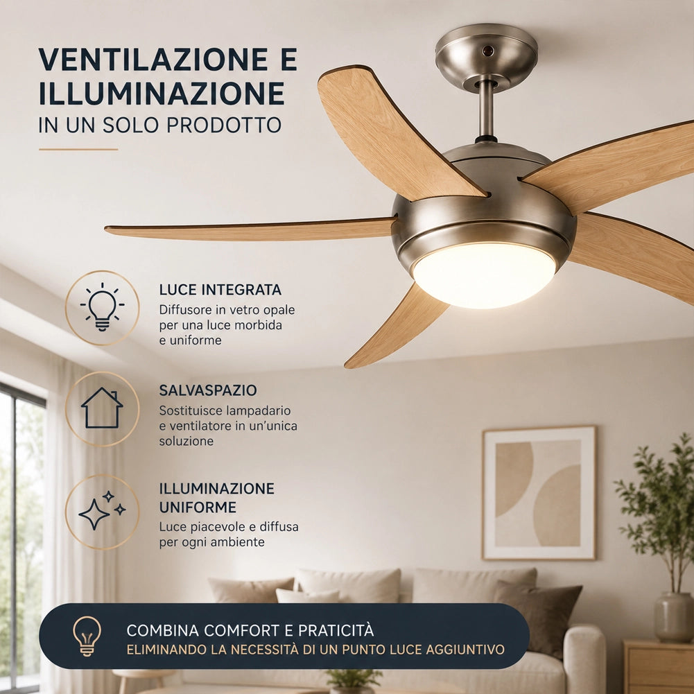 Ventilatore da Soffitto 5 Pale Legno con Lampada e Telecomando Diametro 120cm