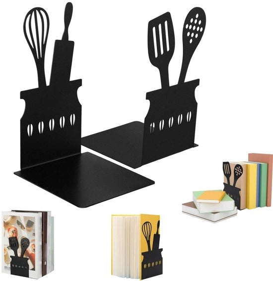 Due sostegni libri, sostegni libri metallici, sostegni libri per ricette, sostegni libri L con foro, sostegni libri a forma di servizio, adatti per studio, scuola, ufficio, cucina (10*15cm, nero)