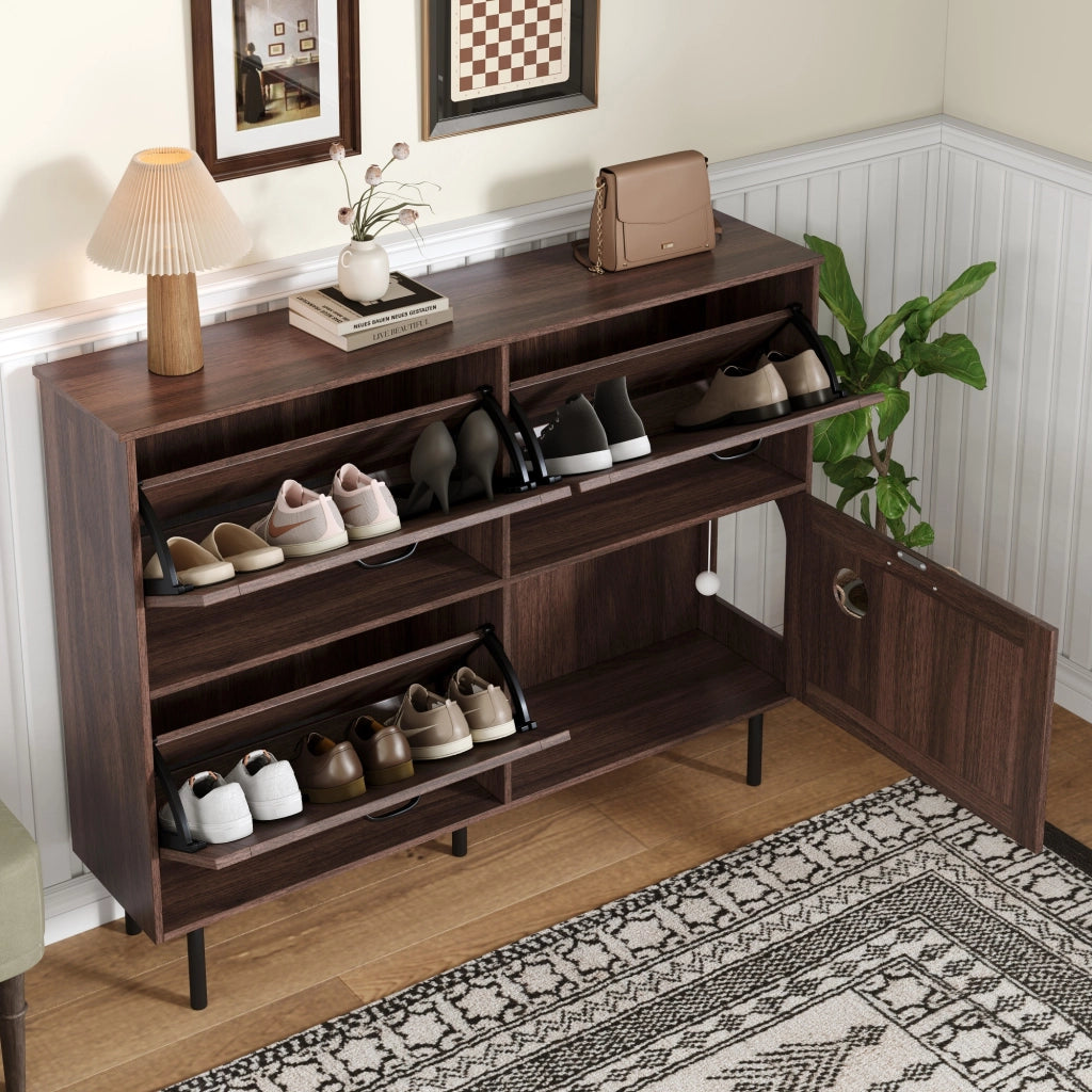OKWISH Scarpiera con 4 Ante e 3 Ribalte, Gioco Integrato per Gatto, per Ingresso, Noce Naturale 120 x 28 x 92 cm