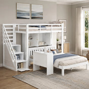 Letto a castello multifunzionale con ripiani e scala contenitore, 90x200 cm + 140x200 cm, bianco