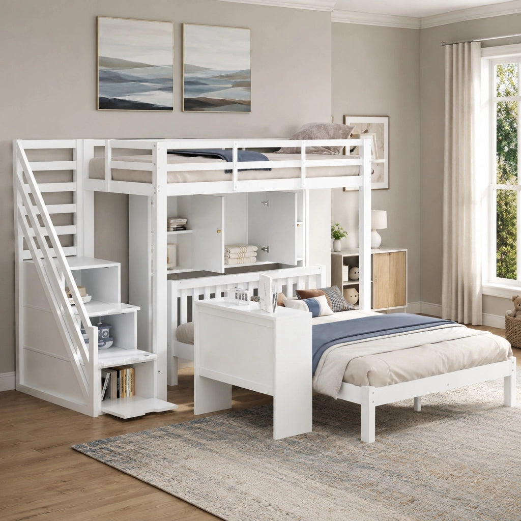 Letto a castello multifunzionale con ripiani e scala contenitore, 90x200 cm + 140x200 cm, bianco