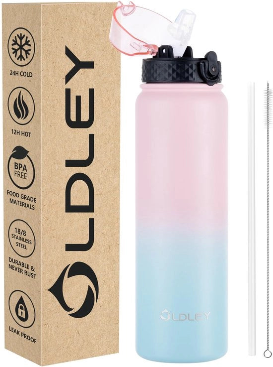 Fles di plastica isolata per acqua, 1L, termos, BPA-free, con coperchio, impermeabile, per sport, palestra e scuola (rosso, blu, 1 coperchio)