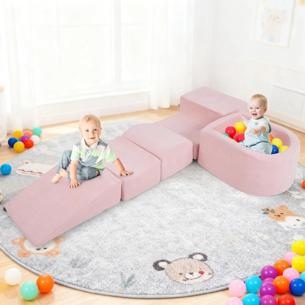 Blocchi da Arrampicata in Schiuma per Bambini, con Piscina di Palline, Set di 5 Pezzi per Arrampicata e Strisciamento, Set da Gioco da Interno per Bambini 3 Anni+ (Rosa,Velluto a coste)