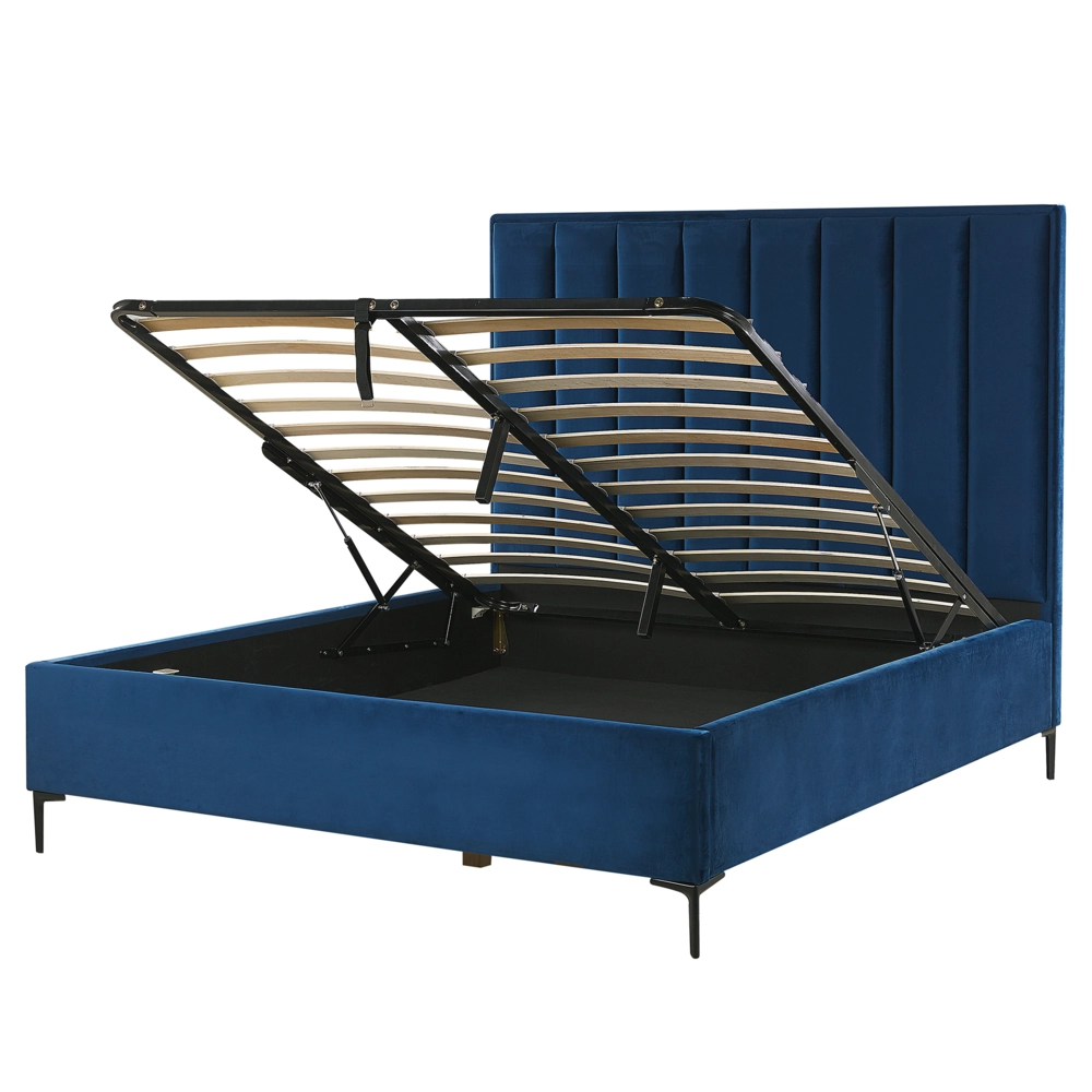 Letto in velluto blu navy matrimoniale 140 x 200 cm con poggiatesta imbottita contenitore ottomana gambe in metallo Nero