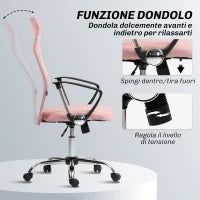 Sedia Ergonomica da Ufficio Girevole, Altezza Regolabile e Schienale a Rete, 63x65x109-119 cm, Rosa