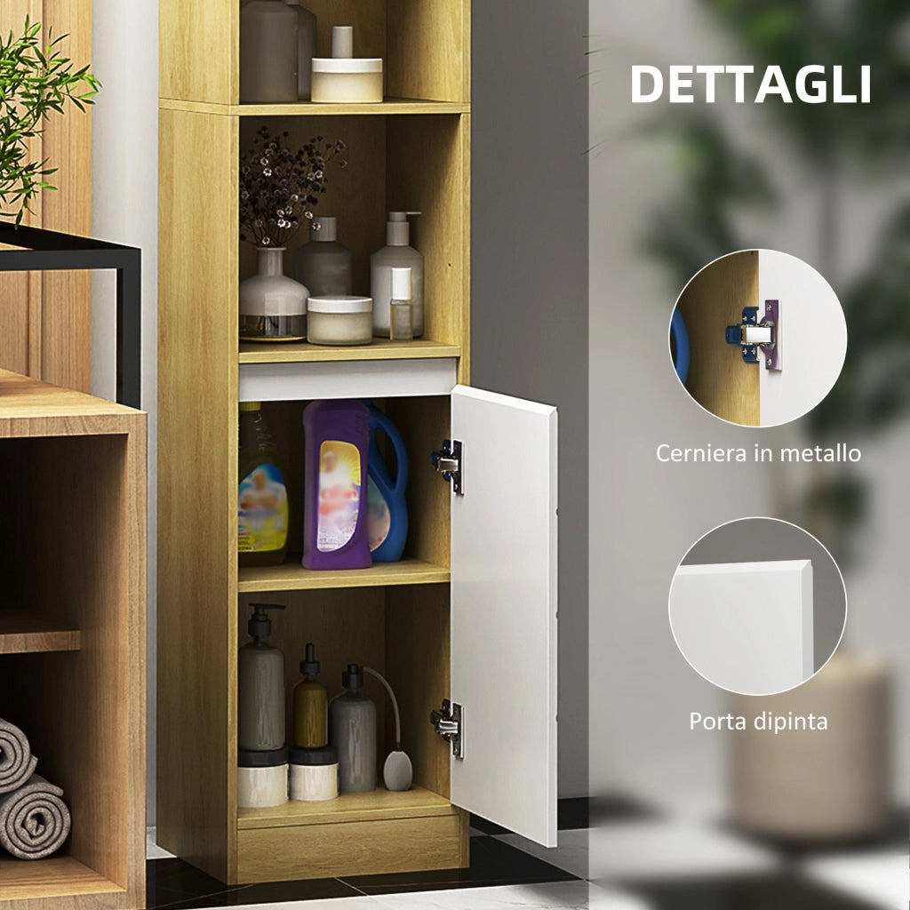 Mobile a Colonna da Bagno Salvaspazio con 2 Armadietti e 2 Ripiani 30x24x170 cm Rovere e Bianco