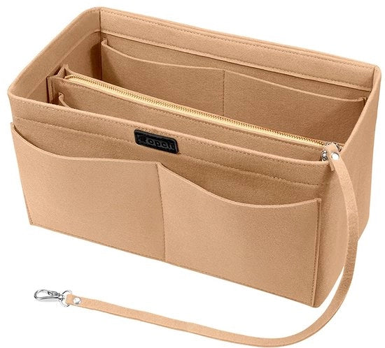 Organizzatore di borsa, tasca portatile con tasche interne, organizzatore di borsa con tasca esterna rimovibile e catena da porta chiavi, beige - L