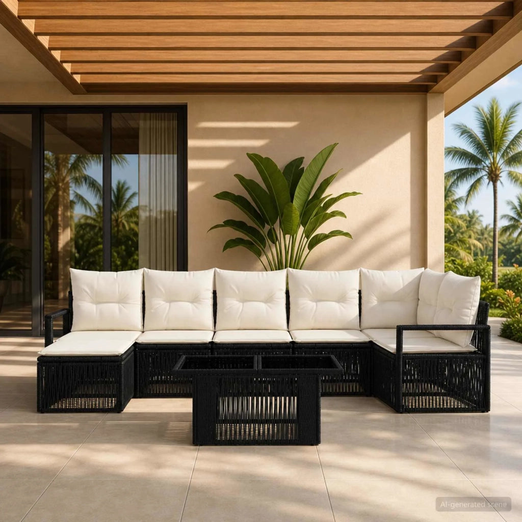 Set Divano da Giardino 8 pz Nero e Bianco Crema polyrattan 3437131