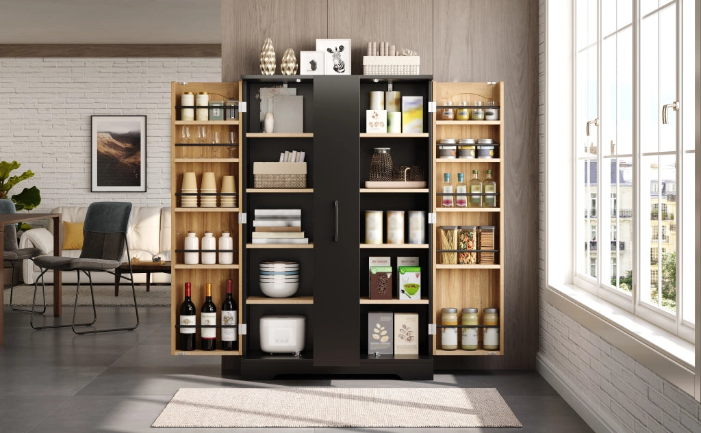 Credenza e madia con 2 ante, 4 ripiani e vani porta spezie, stile moderno, per cucina, in MDF, nero, 120 × 78 × 35 cm