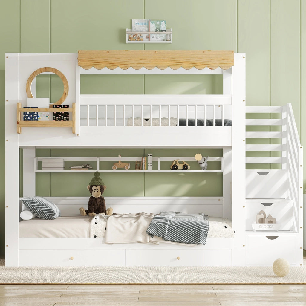 Letto a Castello 90x200 cm con Scala Contenitore; 2 Cassetti e Sponda in Legno