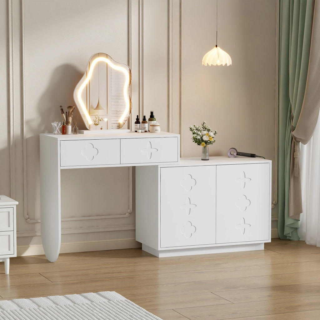 Tavolo da toeletta con specchio LED; temperatura luce regolabile 3 livelli; 2 cassetti e mobiletto con 4 scomparti; Bianco; 160×40×132cm