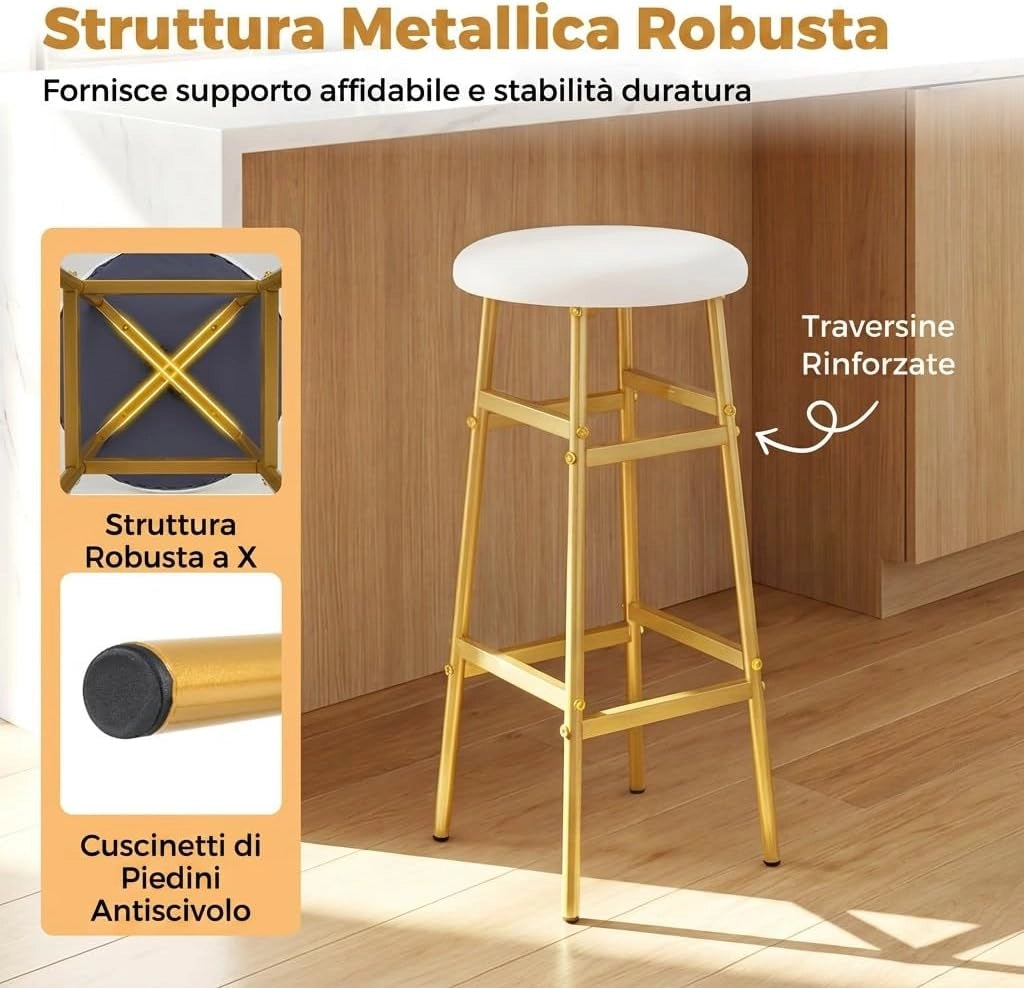 Set di 2 Sgabelli Alti Rotondi da Bar (Bianco) | Sgabelli con Seduta Imbottita, Pioggiapiedi Ergonomico, Portata 150 kg per Cucina e Sala da Pranzo, 33,5 x 33,5 x 73 cm