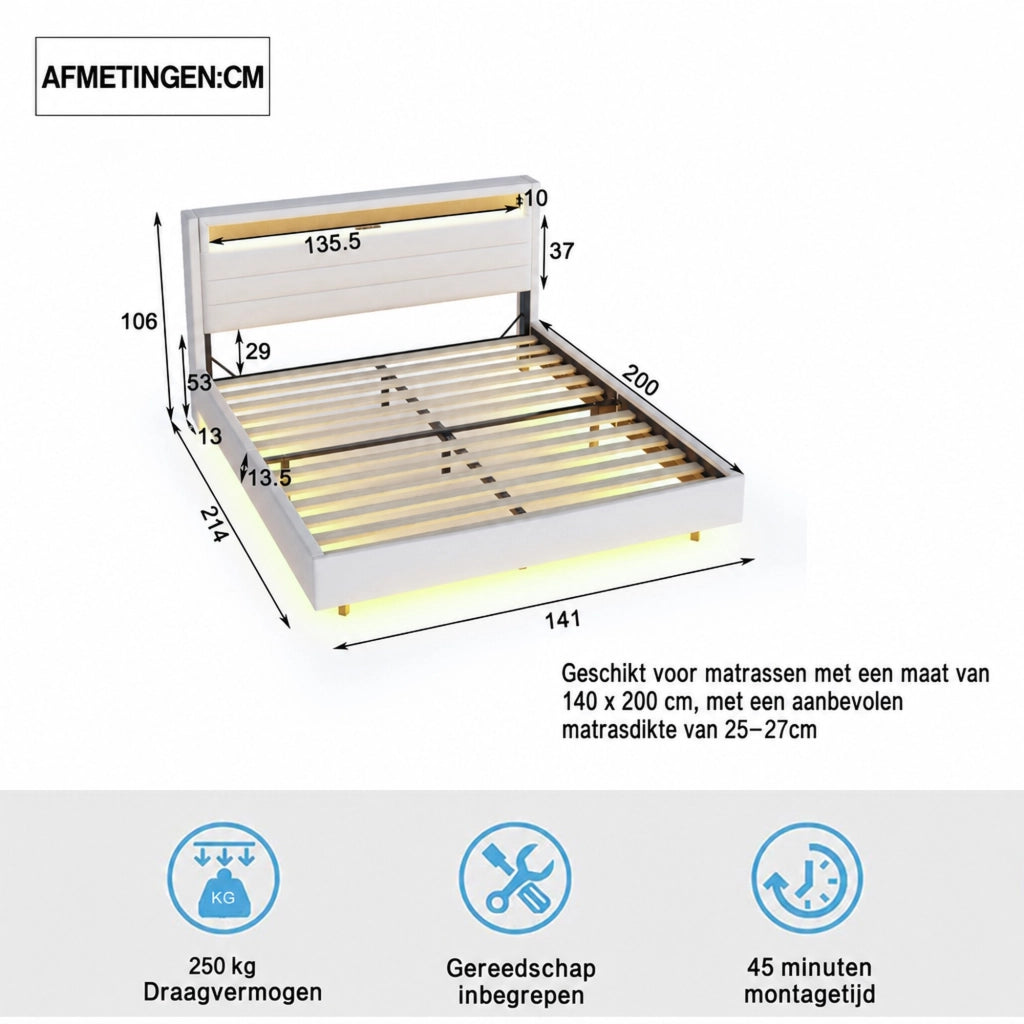 DESMIU Letto Matrimoniale Imbottito 2 Posti con USB, LED Regolabile e Testiera Girevole 140 × 200 cm, Senza Materasso, Beige