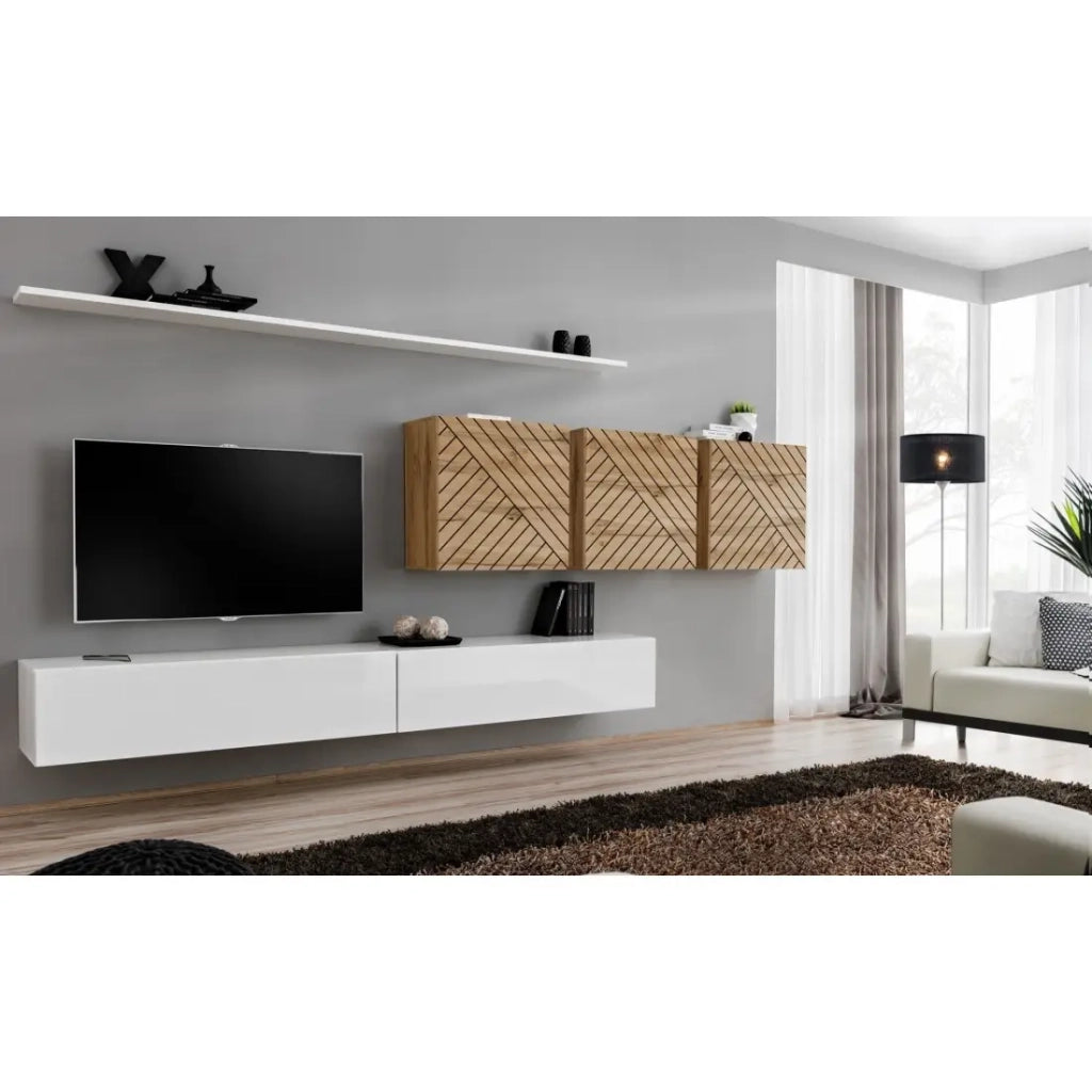 Set di mobili da soggiorno della collezione SWITCH VII, colore bianco e quercia con finiture fresate.