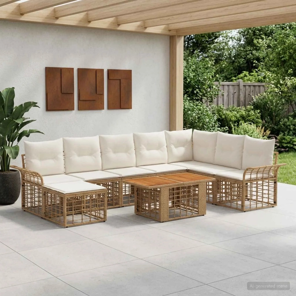 Set Divano da Giardino 9 pz Naturale e Bianco Crema polyrattan 3438008