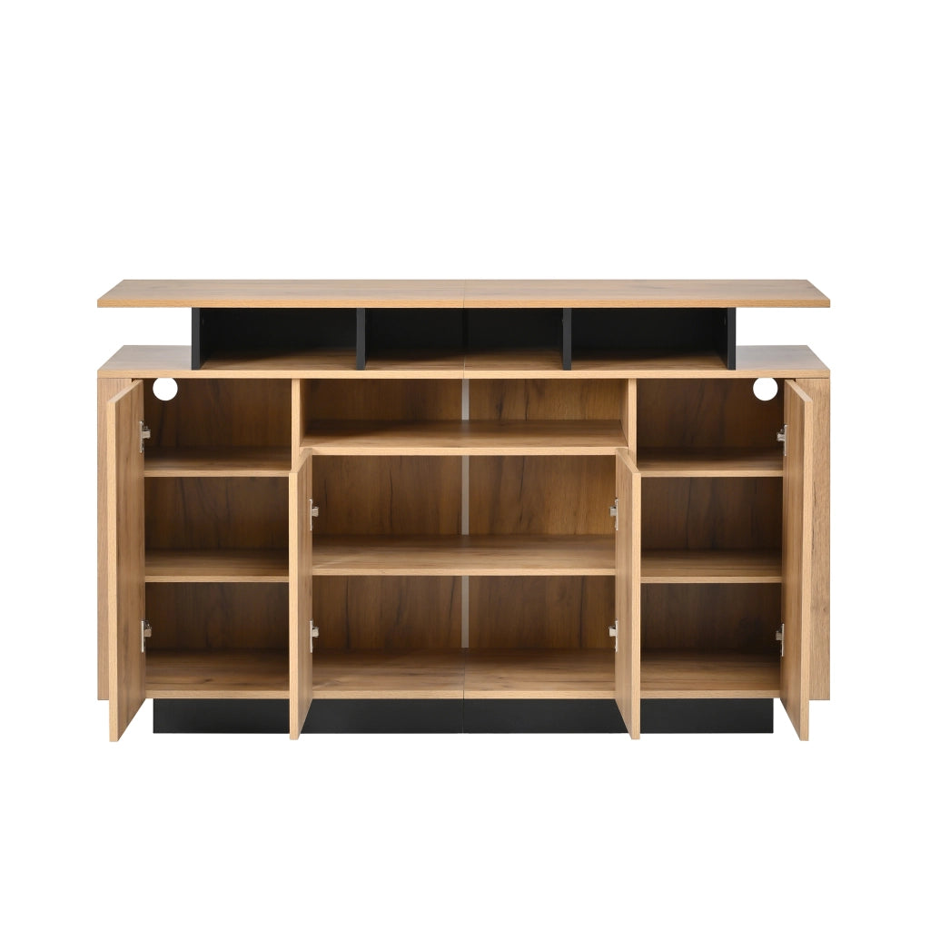 Credenza moderna in truciolato naturale e nero con 4 ante e 3 vani aperti, 140x40x85 cm