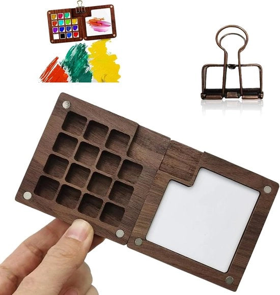 Mini palet portatile, piccolo, con clip, in legno di noce, per artisti e appassionati di pittura.