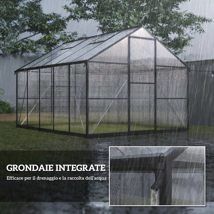 Serra per Orto 304x247x205 cm con Porta a Battente e 2 Finestre Regolabili in PC e Alluminio Nero