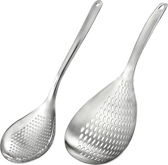 Spazzola da cucina 34 cm grande cucchiaio in acciaio inossidabile con manico e ganci di appoggio Zangola da frittura Cucchiaio da cucina per cucinare, servire e friggere 2 pezzi