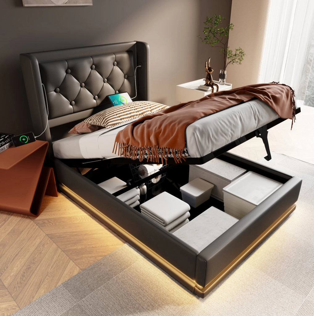 Letto imbottito singolo 90x200 cm con contenitore, LED e porte USB/USB-C