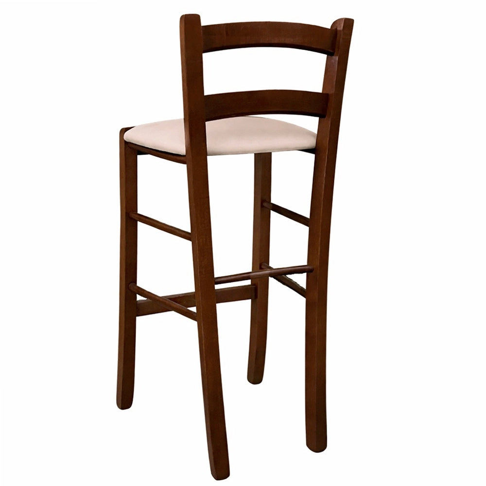 Sgabello in legno noce scuro h 67 seduta imbottita in similpelle beige/crema