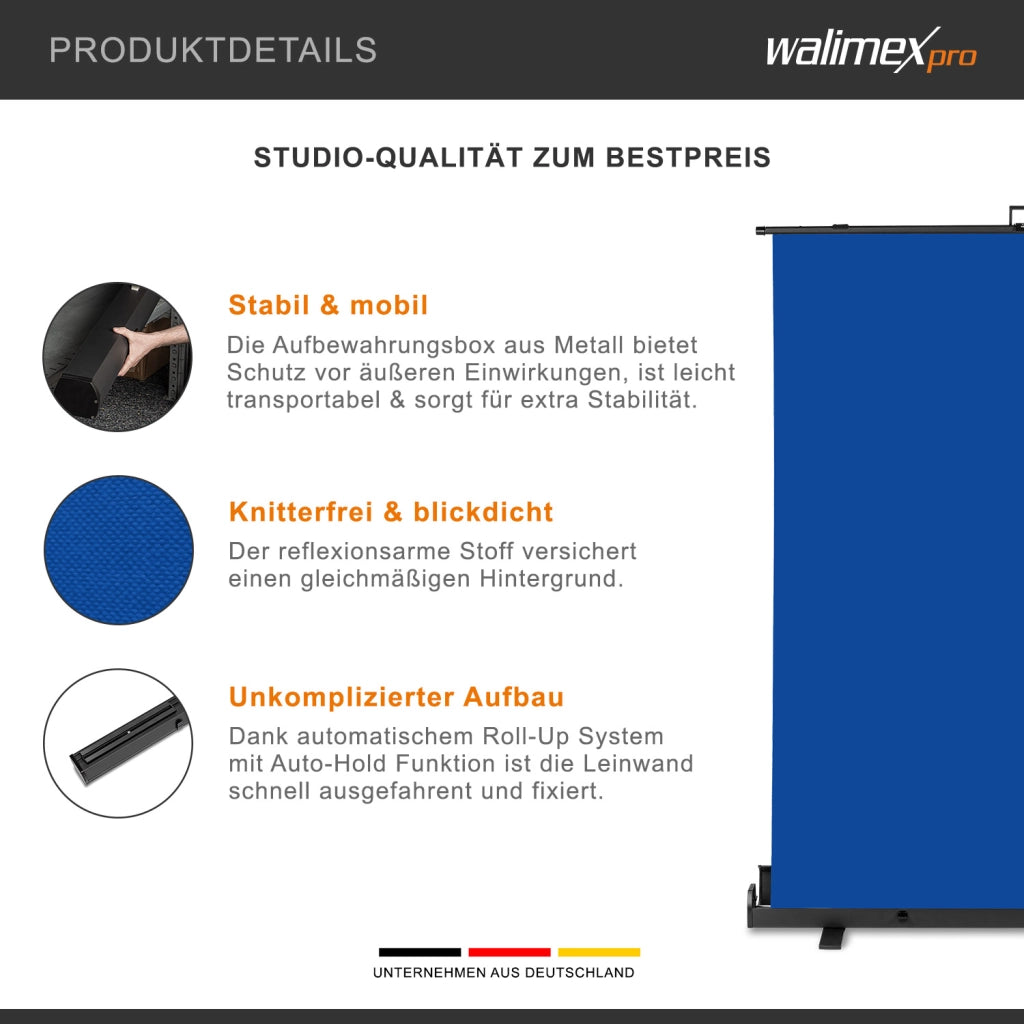 Fondale fotografico a rullo blu 165 x 220 cm, sfondo avvolgibile con supporto, sistema per studi fotografici, pannello ingualcibile per fotografia