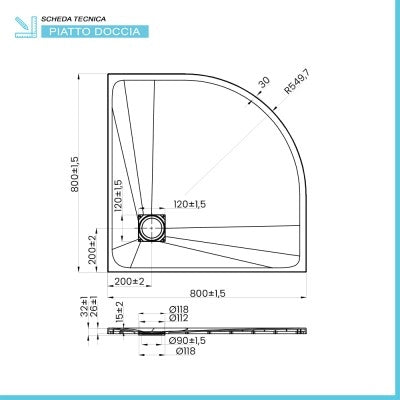 Piatto doccia 80x80 semicircolare bianco pietra in resina riducibile Agorà
