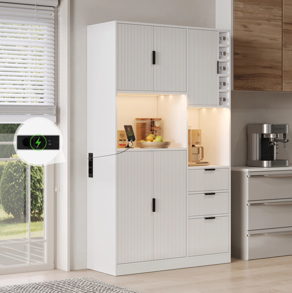 Mobile buffet 105x40x180 cm bianco in MDF, 3 cassetti e portabottiglie laterale